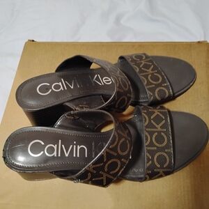 Calvin Klein Dark Brown Logo-Print Slide Heels
